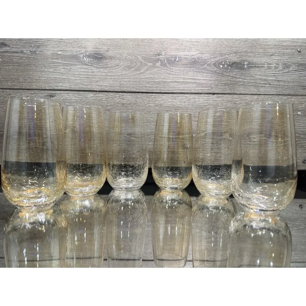 Pier 1 Amber Crackle Glass Tumblers High Ball Glasses 6” Tall~set Of 6